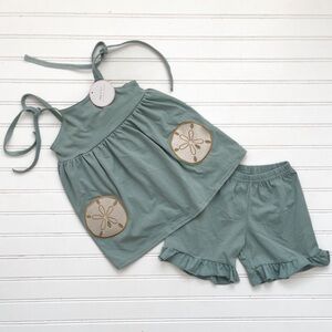ABBY & EVIE NWT Sage Summer Sand Dollar Appliqué Ruffle Boutique Set